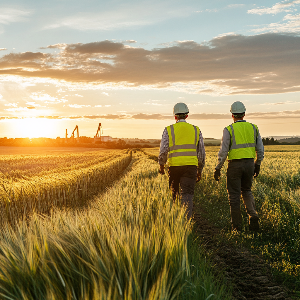 Dos trabajadores caminando en un campo de trigo al atardecer.